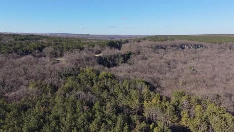 Aerial drone flight over forest and open countryside hills landscape Stock Footage 328006068