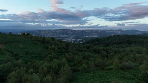 Aerial Drone Flight Over Green Forest and Countryside at Sunset, Wales Stock Footage 343578164