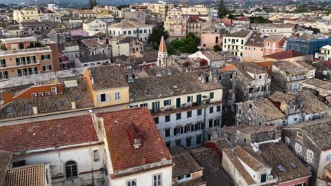 Aerial Drone Flight over Historic Corfu Old Town Rooftops and Colorful Venetian Stock Footage 346745438