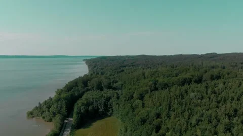 Aerial Drone Flight over Lake and Forested Shoreline, Summer, Wide Shot Vídeo Stock 341451892