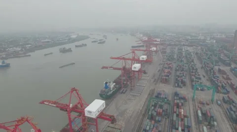 Aerial drone flight over large container terminal Port of Shanghai Stock-Footage 67529544