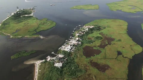 Aerial Drone Flight Over Long Island Beach Houses - Coastal Fishing Huts Stock Footage 163304358