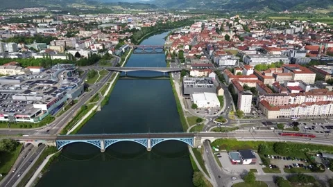 Aerial Drone Flight Over Maribor City Center and Drava River, Slovenia Stock Footage 340622913
