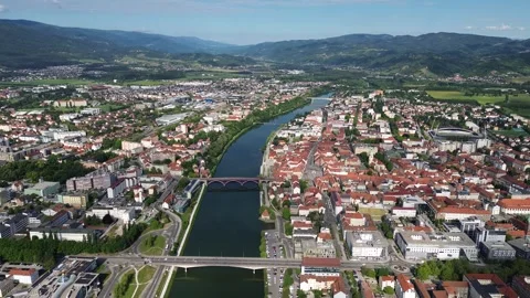 Aerial Drone Flight Over Maribor City Center and Drava River, Slovenia Stock Footage 340623022