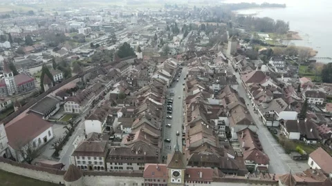 Aerial drone flight over Morat old town from Bern Gate to west gate 動画素材 149467973