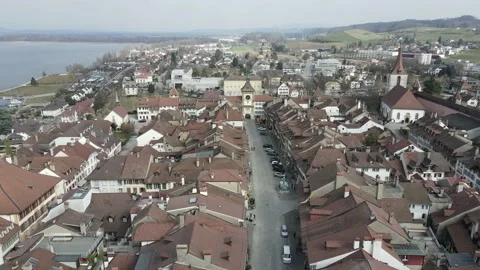 Aerial drone flight over Morat old town toward Bern Gate, Switzerland 库存影片 149468039