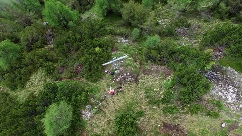 Aerial drone flight over mountain top with scenic horizont and fir tree wood in Video stock 80648484