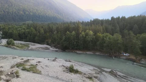 Aerial drone flight over mountain river to forest Stock Footage 337408260