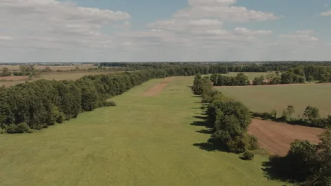 Aerial Drone Flight Over Open Green Meadows in Zgierzynka Nature Reserve Stock Footage 324966440