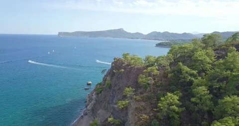 Aerial Drone Flight Over Pine Forest Coastal Cliff and Blue Sea 4K 動画素材 344055256