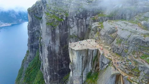 Aerial drone flight over Pulpit Rock, Preacher’s Chair, Preikestolen, Norway Stock Footage 129831022