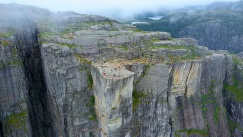 Aerial drone flight over Pulpit Rock, Preacher’s Chair, Preikestolen, Norway Stock Footage 129831091
