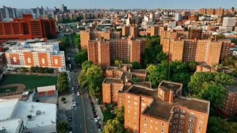 Aerial Drone Flight Over Red Brick Housing Complex In New York City Stock Footage 343696802