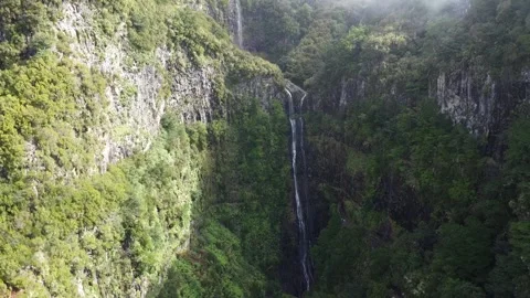 Aerial Drone Flight Over Risco Waterfall in Sunlight Stock Footage 320733617