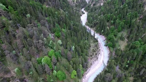 Aerial drone flight over river in a valley with rocks between green fir tree Video stock 80594768