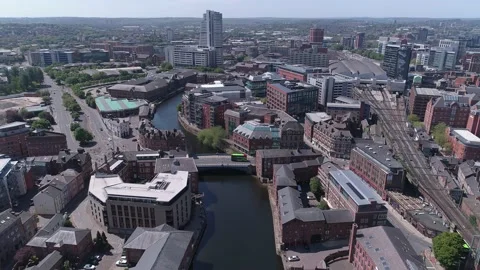 Aerial drone flight over river aire Leeds city centre, Yorkshire Video stock 130326173
