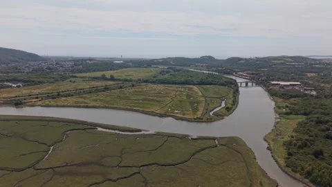 Aerial Drone Flight Over River Estuary and Wetlands in South Wales Stock Footage 340349246