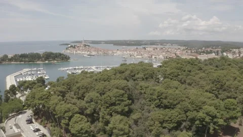 Aerial Drone Flight Over Rovinj Old Town and Adriatic Waterfront, Croatia Stock Footage 344039802