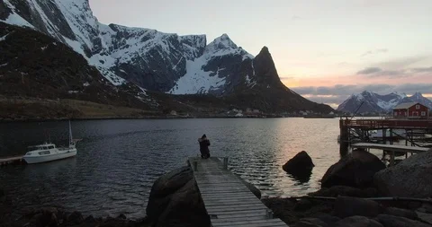 Aerial drone flight over small port in fjord, Norway Video stock 137979048