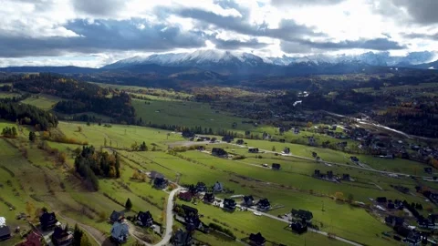Aerial drone flight over Tatra Mountains Poland wide panoramic travel nature 4K Stock Footage 320054876