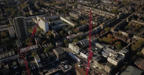 Aerial Drone flight over Tower Cranes in London, England. Video stock 82377909