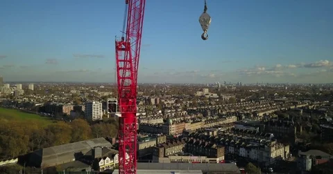Aerial Drone flight over Tower Cranes in London, England. Stock Footage 82406729