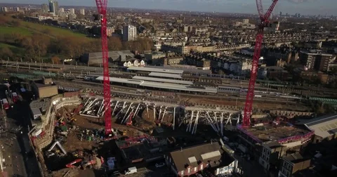 Aerial drone flight over Train Station in the North of London, England. Stock-Footage 82823932