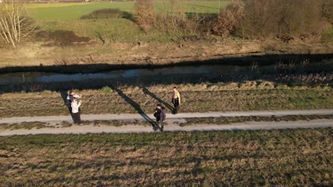 Aerial drone flight over view path people meeting field in Tuscany 4k Italy  Stock Footage 234130987