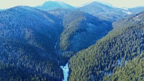 Aerial drone flight over winter forest with frozen river below Stock Footage 318928200