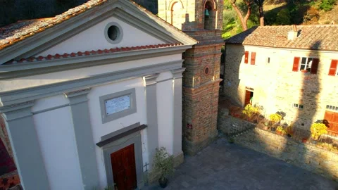 Aerial drone flight pan view Church Madonna del Bagno Tuscany Cast.Fiorentin 스톡 동영상 190575785