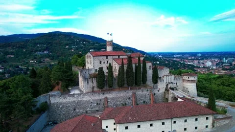 Aerial drone flight pan view medieval Brescia town Castle above town 4K Italy Stock Footage 202592259