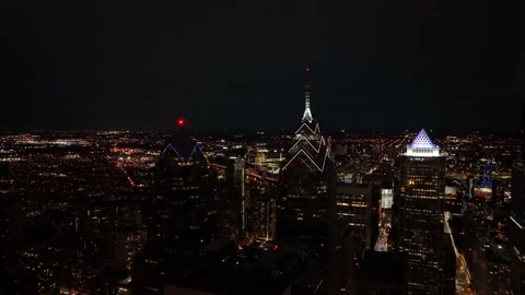 Aerial Drone Flight Through Center City Philadelphia at Night Stock Footage 165433488