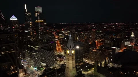 Aerial Drone Flight Through Center City Philadelphia at Night Stock Footage