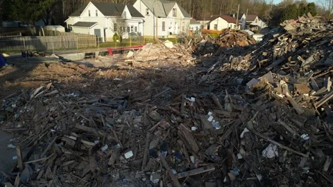 Aerial Drone Flight Through Demolition Site (Paris, Ontario) Stock Footage 314202188