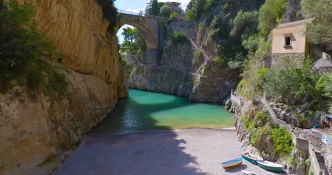 Aerial Drone Flight Through Fiordo di Furore Amalfi Coast Italy Stock Footage 340530799