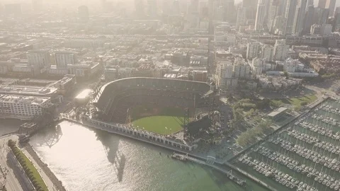 Aerial Drone Flight Top Down San Francisco AT&amp;T Baseball Park Sunset California Stock Footage 91282259