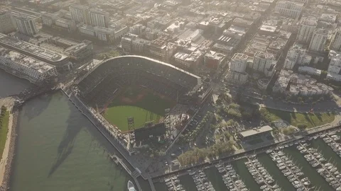 Aerial Drone Flight Top Down San Francisco AT&amp;T Baseball Park Sunset California Video stock 91474955