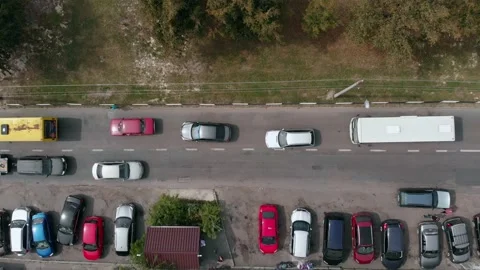 Aerial Drone Flight top down View of stuck cars and buses at rush hour heavy Stock Footage 152380892