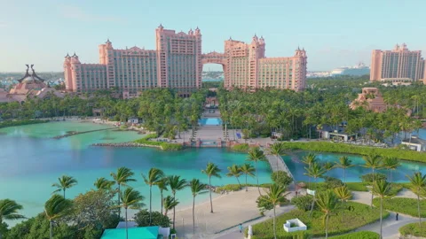 Aerial drone flight toward Atlantis Paradise Island Resort in the Bahamas Stock Footage 345665732