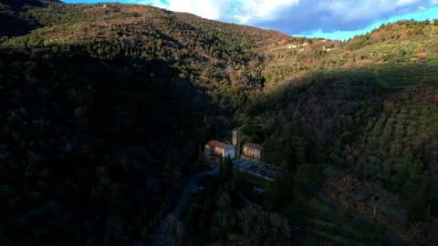 Aerial drone flight view 4K Church Madonna del Bagno Tuscany Cast.Fiorentino Stock-Footage 190570474
