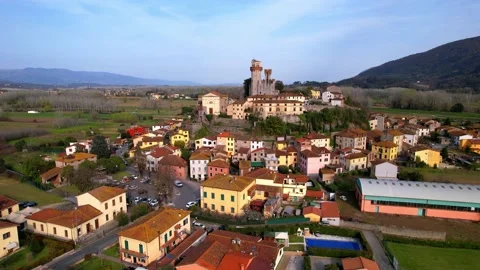 Aerial drone flight view Castle Nozzano Village Tuscany Italy Stock-Footage 184539507