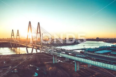 Aerial Drone Flight View of freeway busy city rush hour heavy traffic jam Stock Photos