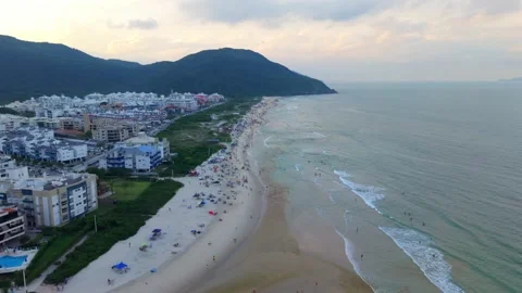 Aerial Drone fly at Florianopolis beach, Brazil, Tourists and Resorts with Stockbeeldmateriaal 332134264