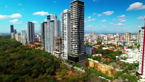 Aerial Drone Fly Forward and Pan Right over Modern City Skyscrapers along Park Vídeos de archivo 344917698