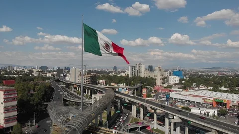 Aerial drone fly from mexico flag in San Jerónimo town in Mexico City. Stock Footage