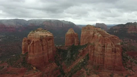 Aerial Drone Fly Over Cathedral Rock in Winter Snow in Sedona Arizona Stock Footage 208819071