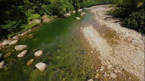 Aerial drone fly over of JUNGE RIVER passing over two women swimming Stock Footage 250563412