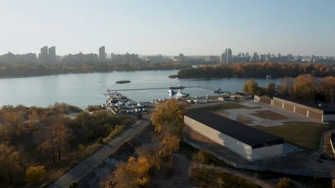 Aerial drone fly over river marine and yaht club. 4K UHD Kyiv Ukraine. River Stock Footage 104832095