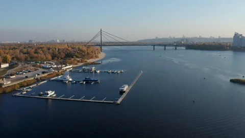 Aerial drone fly over river marine and yaht club. 4K UHD Kyiv Ukraine. River Stock Footage 104853048