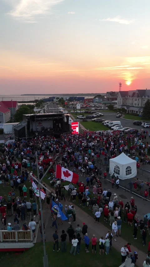 Aerial Drone Flyby Over Crowd at Canada Day Concert, Summerside PEI Stock Footage 341362016